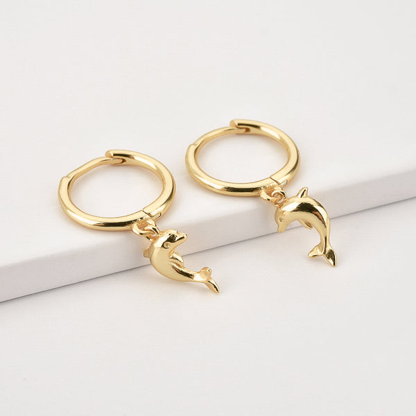Gold dolphin mini hoop earrings details