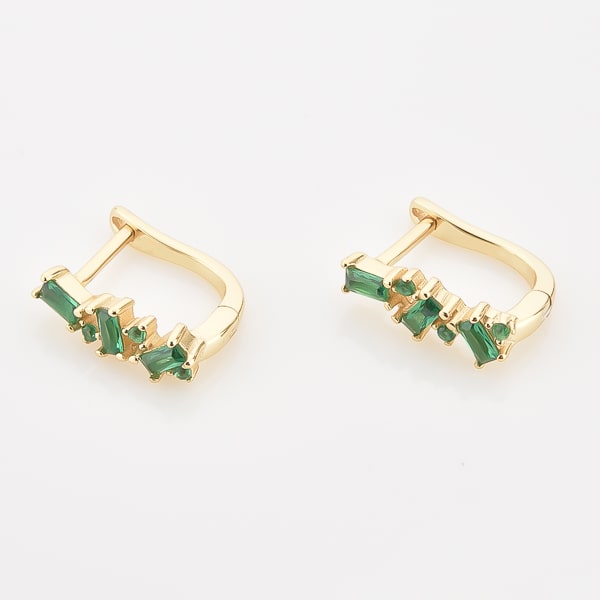 Gold green crystal U hoop earrings detail