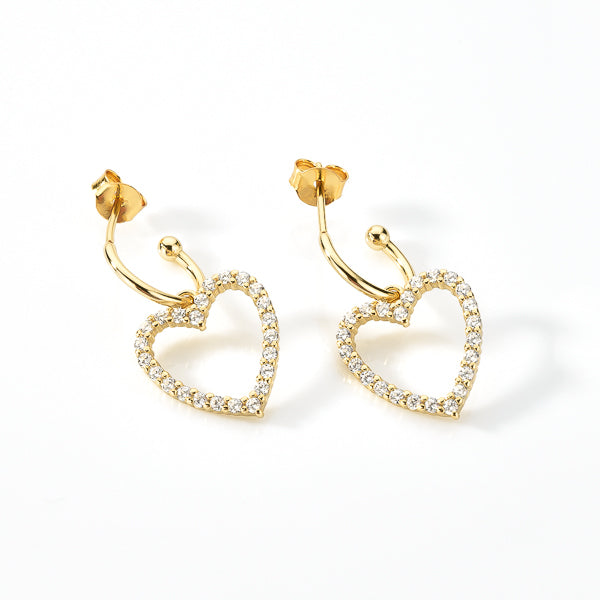 Gold crystal heart dangle drop earrings details