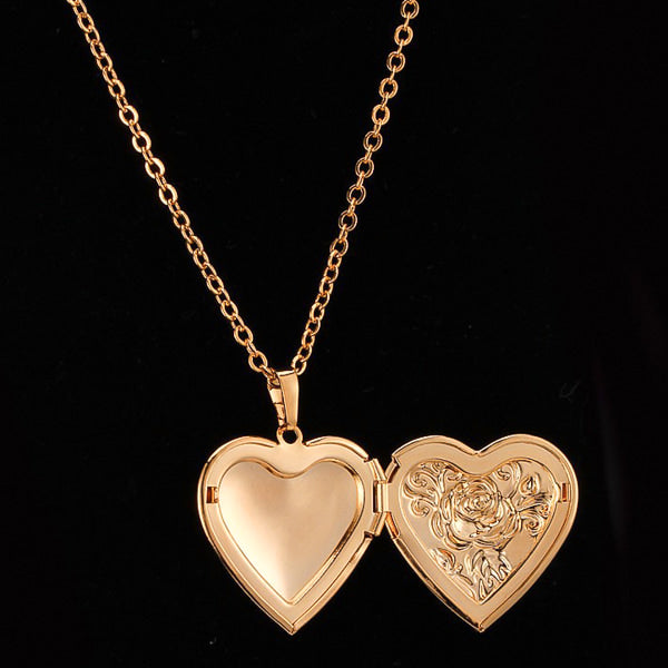 Gold heart locket pendant necklace display open