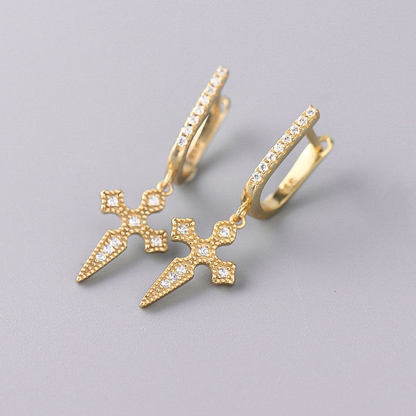 Gold medieval cross earrings details