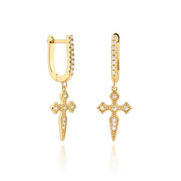 Gold medieval cross earrings