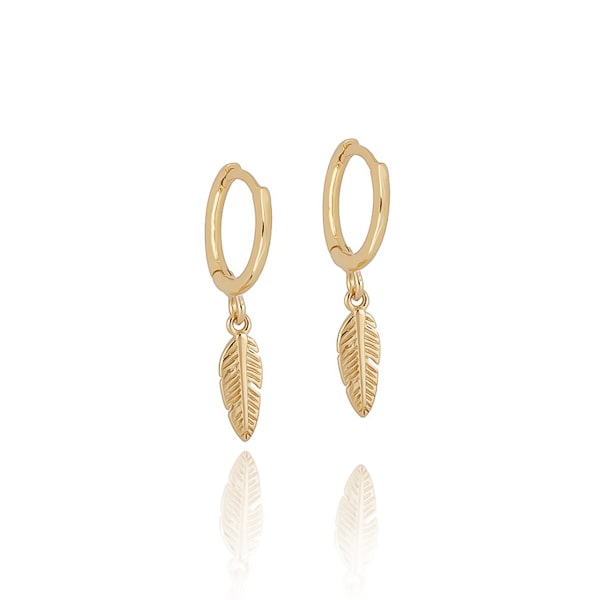 Gold mini feather drop hoop earrings