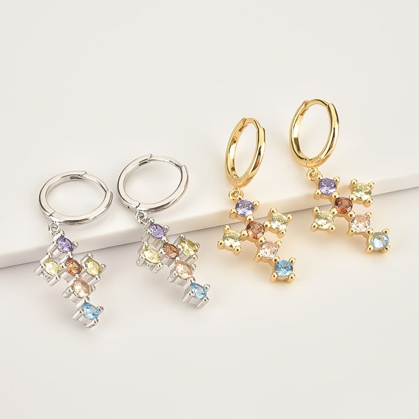 Gold multicolor crystal cross hoop earrings detail