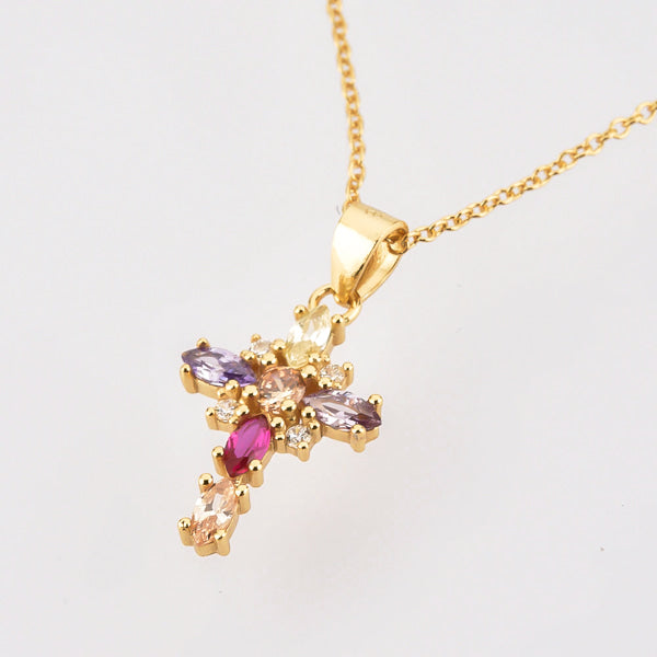 Gold multicolor crystal cross pendant necklace details