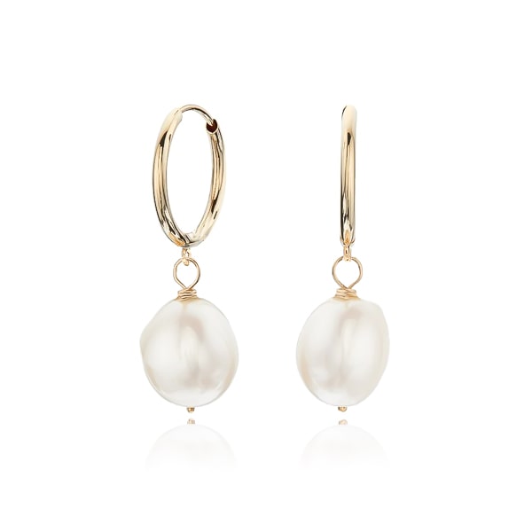 Gold pearl drop hoop earrings