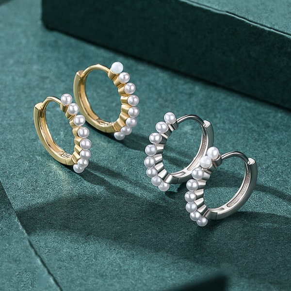 Gold pearl mini hoop earrings details