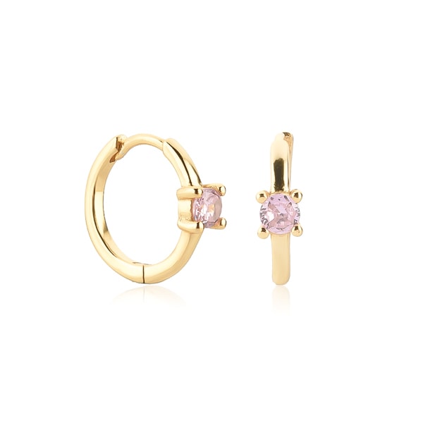 Gold pink solitaire hoop earrings