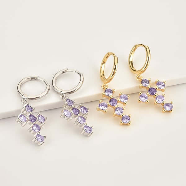 Gold purple crystal cross hoop earrings detail