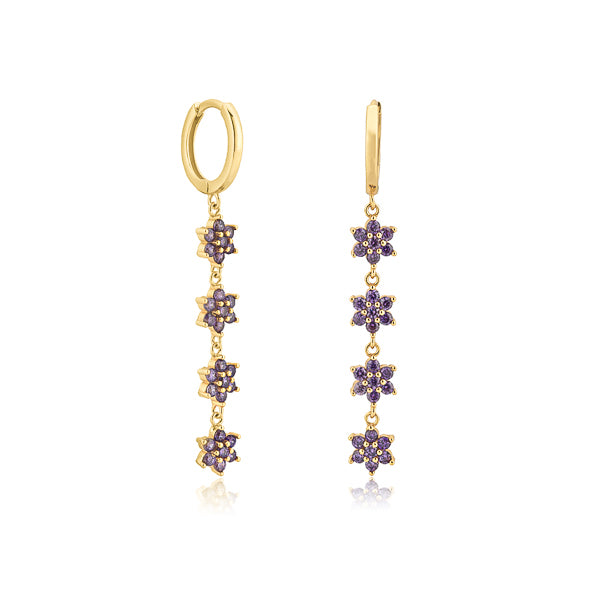 Gold purple crystal flower drop chain earrings