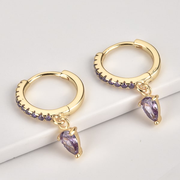 Gold purple crystal huggie teardrop earrings details