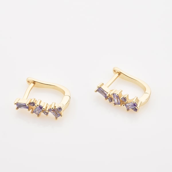 Gold purple crystal U hoop earrings detail