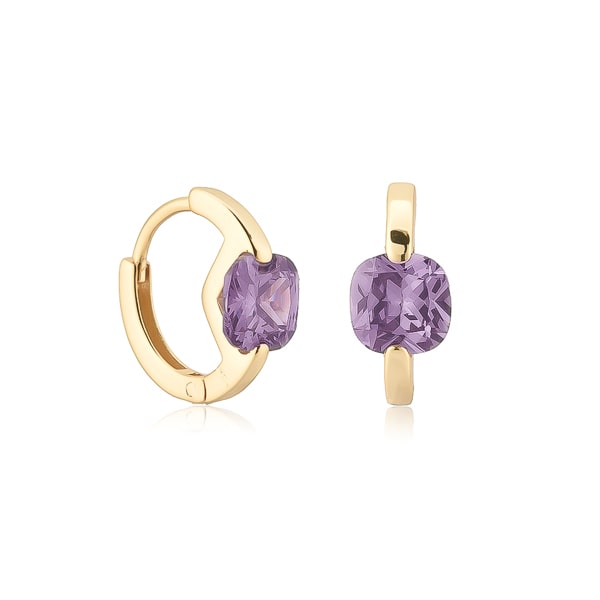 Gold purple cushion huggie hoop earrings