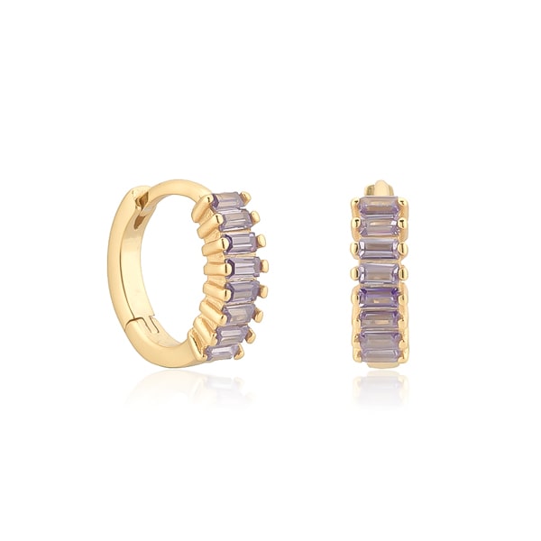 Gold purple emerald-cut crystal huggie earrings