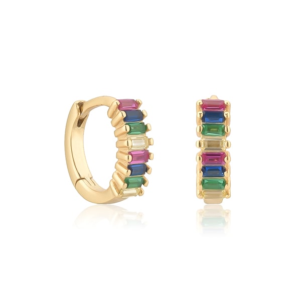 Gold rainbow emerald-cut crystal huggie earrings