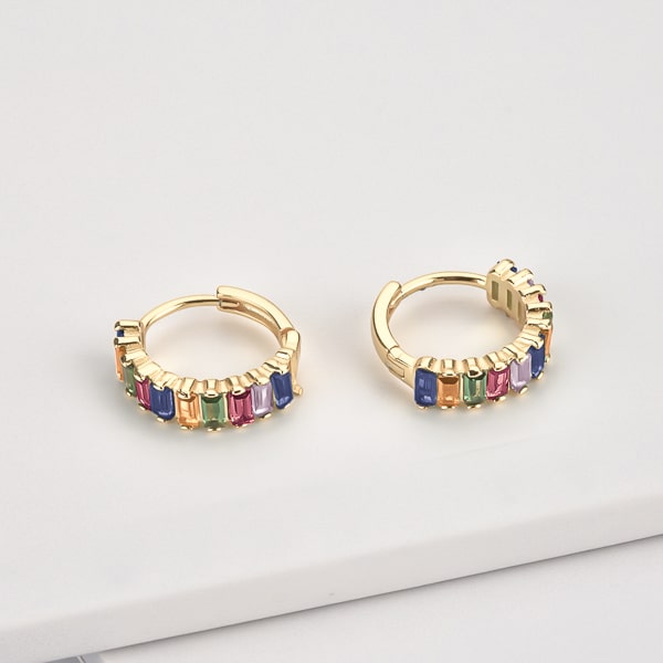 Gold rainbow emerald-cut crystal mini hoop earrings details