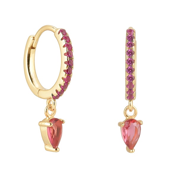 Gold red crystal huggie teardrop earrings