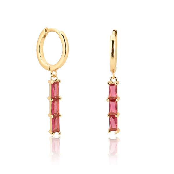 Gold red triple baguette bar drop hoop earrings