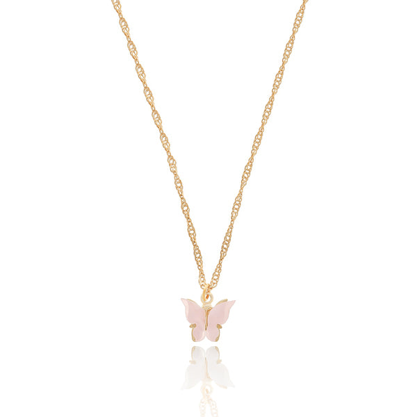 Gold rose butterfly pendant necklace