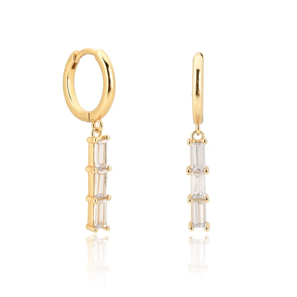 Gold triple baguette bar drop hoop earrings