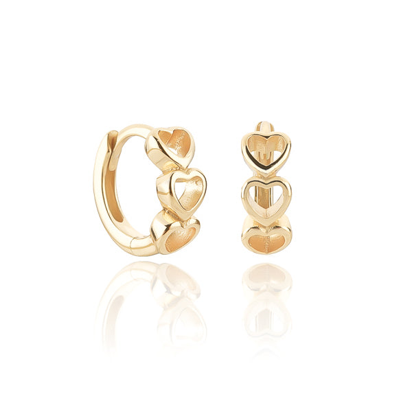 Gold triple heart huggie hoop earrings