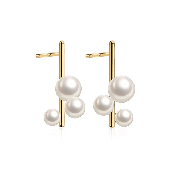 Gold triple pearl bar stud earrings