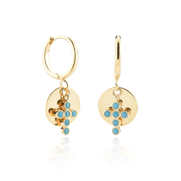 Gold and turquoise cross charm hoop earrings