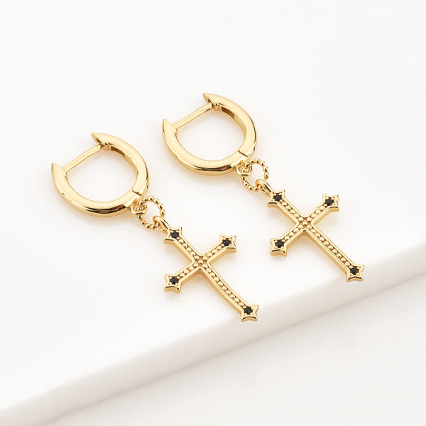 Gold vintage cross huggie hoop earrings details