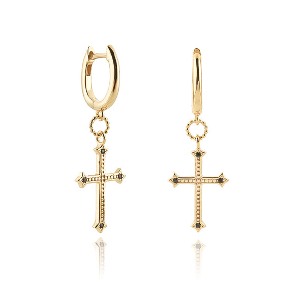 Gold vintage cross huggie hoop earrings