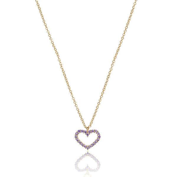 Violet crystal open heart on a gold necklace