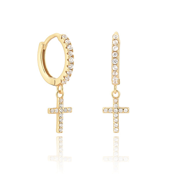 Gold cross huggie hoop earrings with white crystals