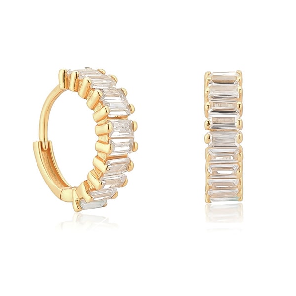 Gold white emerald-cut crystal mini hoop earrings