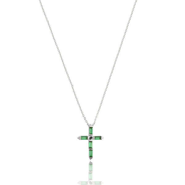 Green crystal cross on a silver necklace