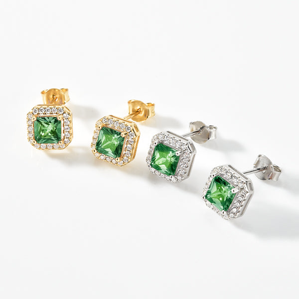 Green and silver square halo stud earrings details