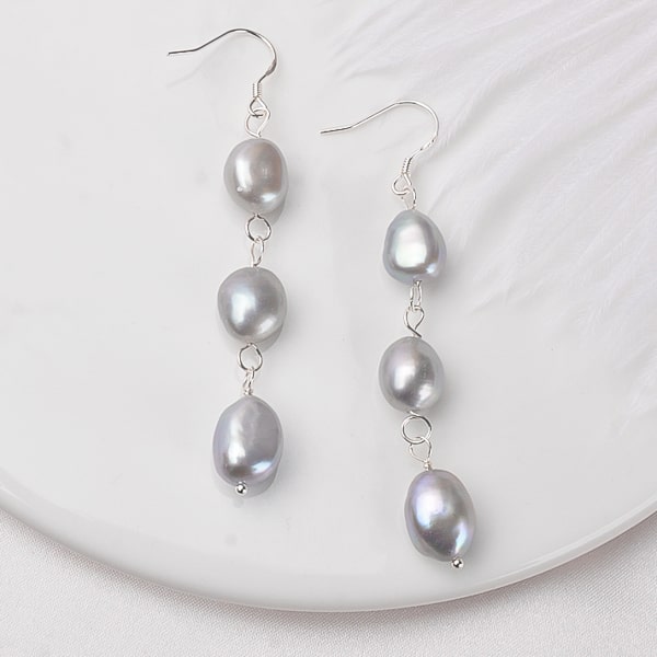 Grey triple pearl drop earrings details