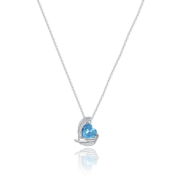Light blue crystal heart and angel wings pendant on a silver chain