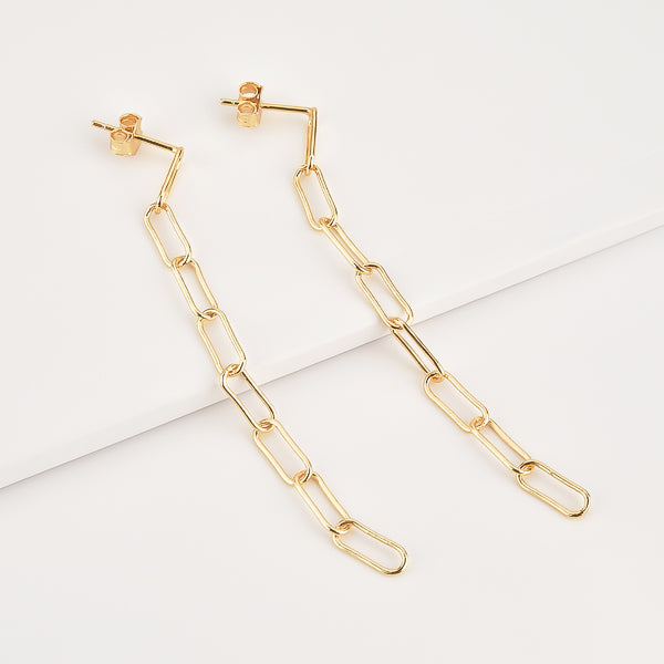 Long gold oval link chain drop earrings details