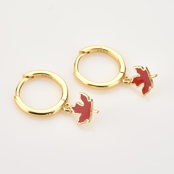 Maple leaf mini hoop drop earrings detail