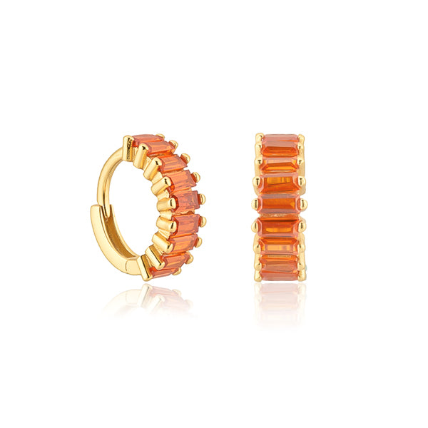 Small gold hoop earrings with orange rectangle emerald-cut cubic zirconia stones