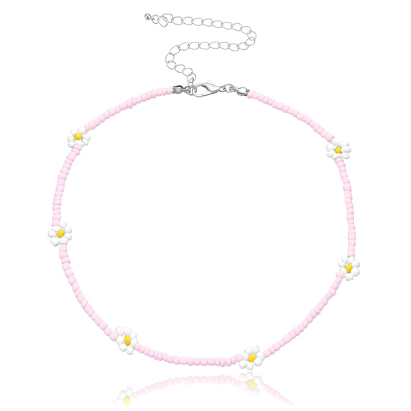 Pink beaded flower choker necklace