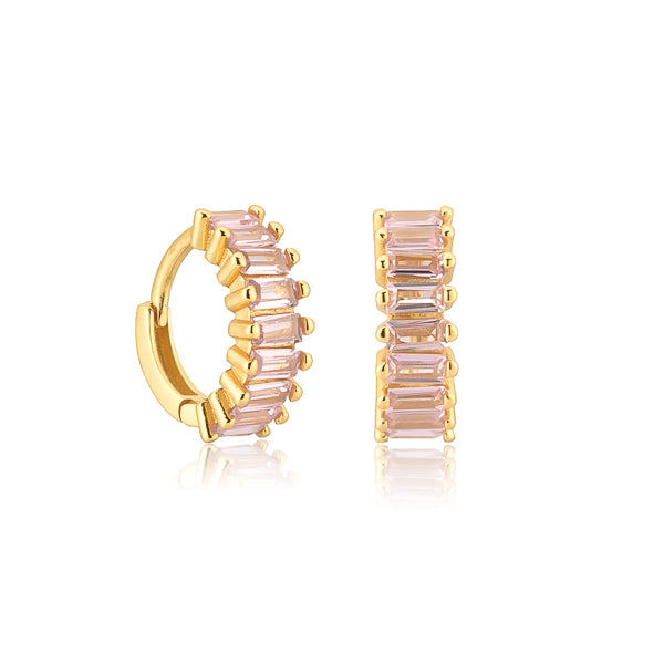 Small gold hoop earrings with pink rectangle emerald-cut cubic zirconia stones