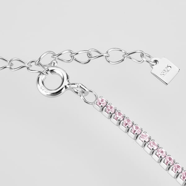 Details of the silver tennis choker necklace with pink cubic zirconia stones