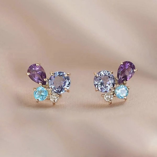 Purple crystal cluster stud earrings details