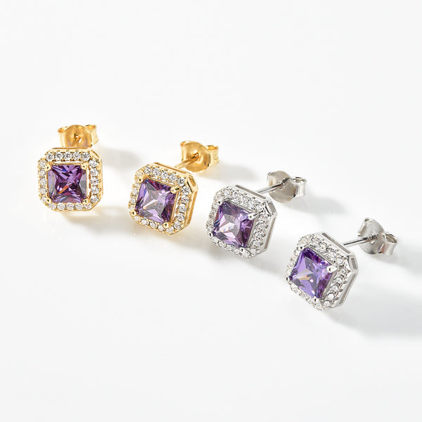 Purple and gold square halo stud earrings details