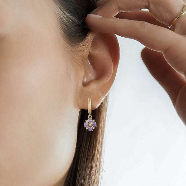 Purple mosaic flower huggie hoop drop earrings on model