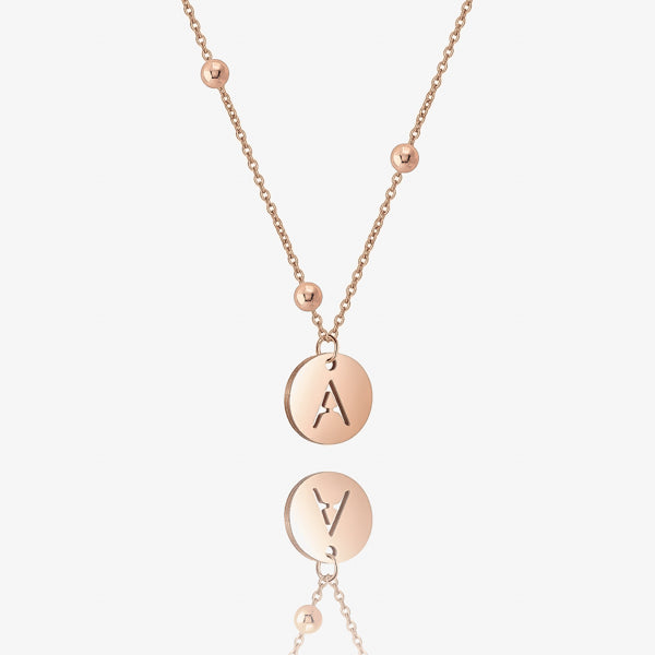 Rose gold initial letter disc necklace with bead chain