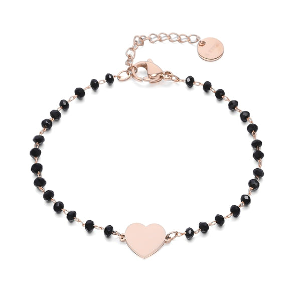 Rose gold heart bracelet with black beads