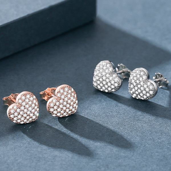 Rose gold pavé crystal heart stud earrings details