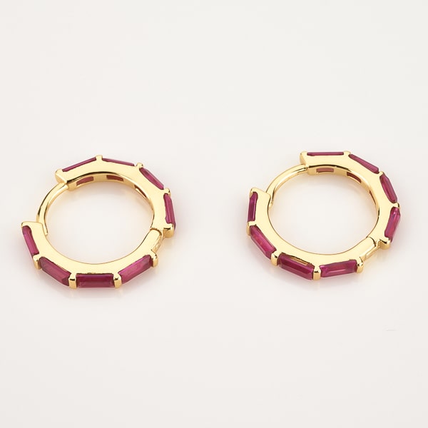 Rose red baguette-cut crystal hoop earrings detail