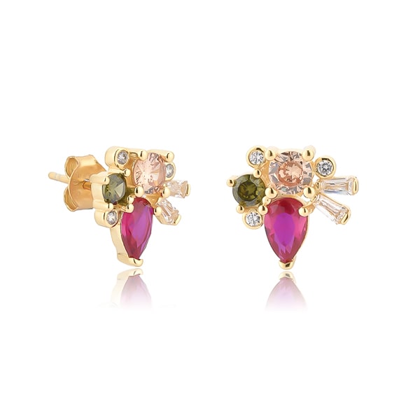 Rose red crystal cluster stud earrings